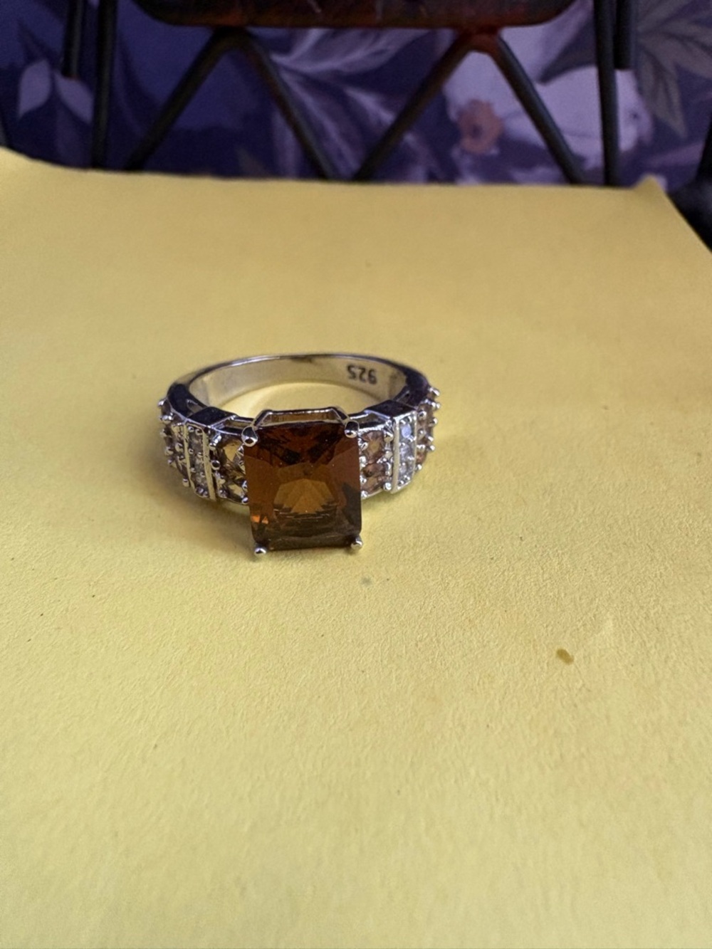 Sterling Silver Amber-Cubic Zirconia Cocktail Ring - Brown Stone